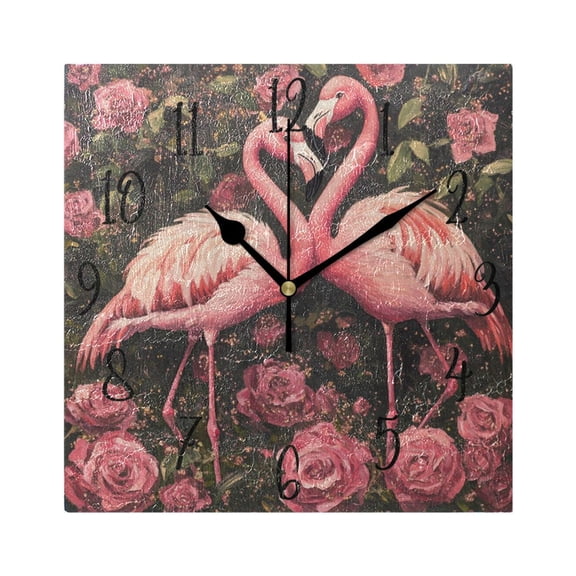 WOBOGO Ragged Pink Flamingos Wall Clock 7.78 Inch Battery Operated Silent Unit Square Rustic Vintage Style for Home Bedroom Office Black Pointer