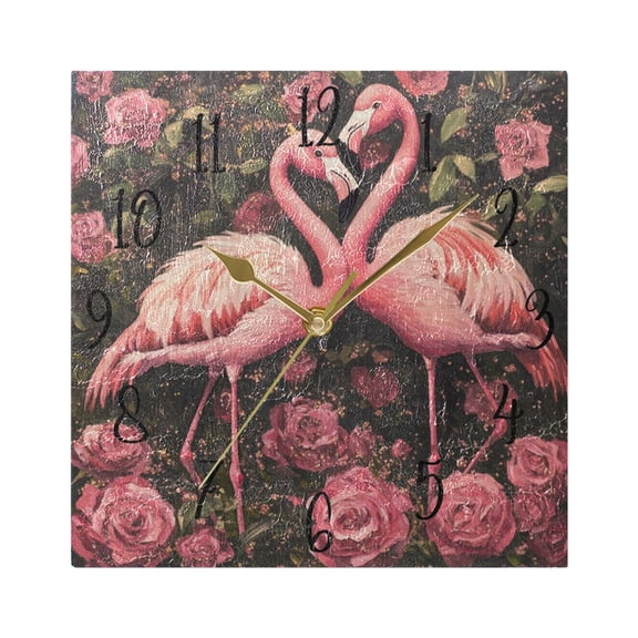 WOBOGO Ragged Pink Flamingos Wall Clock 7.78 Inch Battery Operated Silent Unit Square Rustic Vintage Style for Home Bedroom Office Gold Pointer