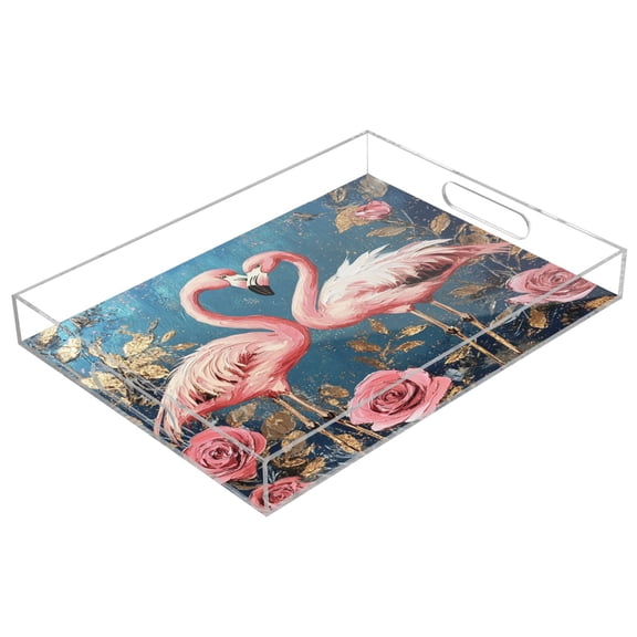 WOBOGO Raggedy Pink Flamingos Acrylic Serving Trays 15.7x11.8 Inch Spill Proof Clear Decorative Organizer with Handle