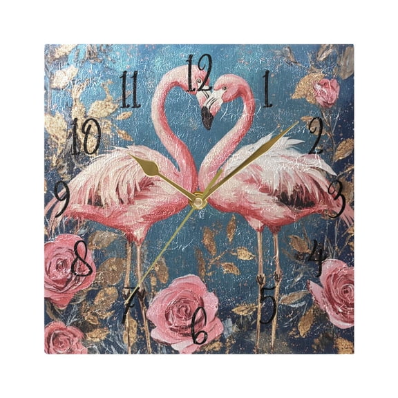 WOBOGO Raggedy Pink Flamingos Wall Clock 7.78 Inch Battery Operated Silent Unit Square Rustic Vintage Style for Home Bedroom Office Gold Pointer