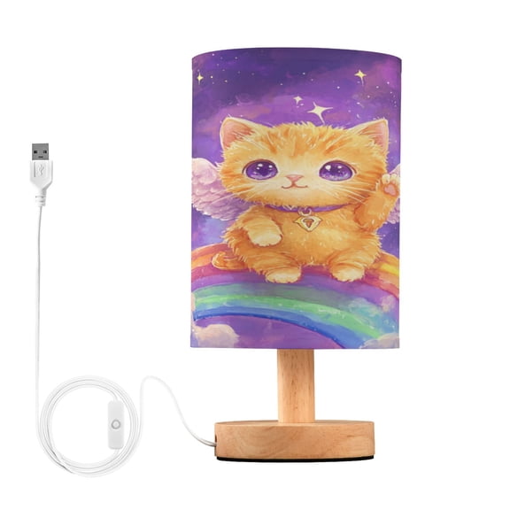 WOBOGO Rainbow Angel Cat Bedroom Table Lamp USB Power Connector Wooden Base Round Linen Shade For Living Room Desk