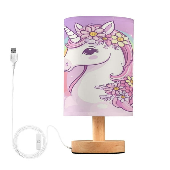 WOBOGO Rainbow Pony Bedroom Table Lamp USB Power Connector Wooden Base Round Linen Shade For Living Room Desk