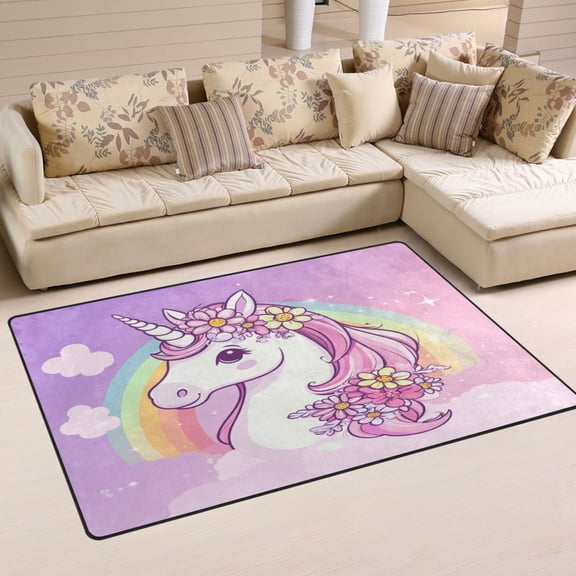WOBOGO Rainbow Pony Carpet Non-Slip Rugs Soft Doormat 31×20in Living Dining Room Bedroom Decorative