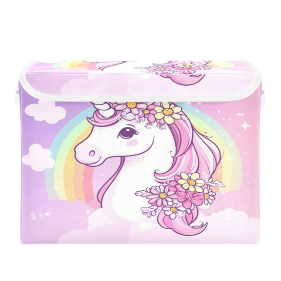 WOBOGO Rainbow Pony Large Collapsible Storage Box Flip Lid Fabric Decorative Organizer Container Basket with Handles 16.512.611.8in