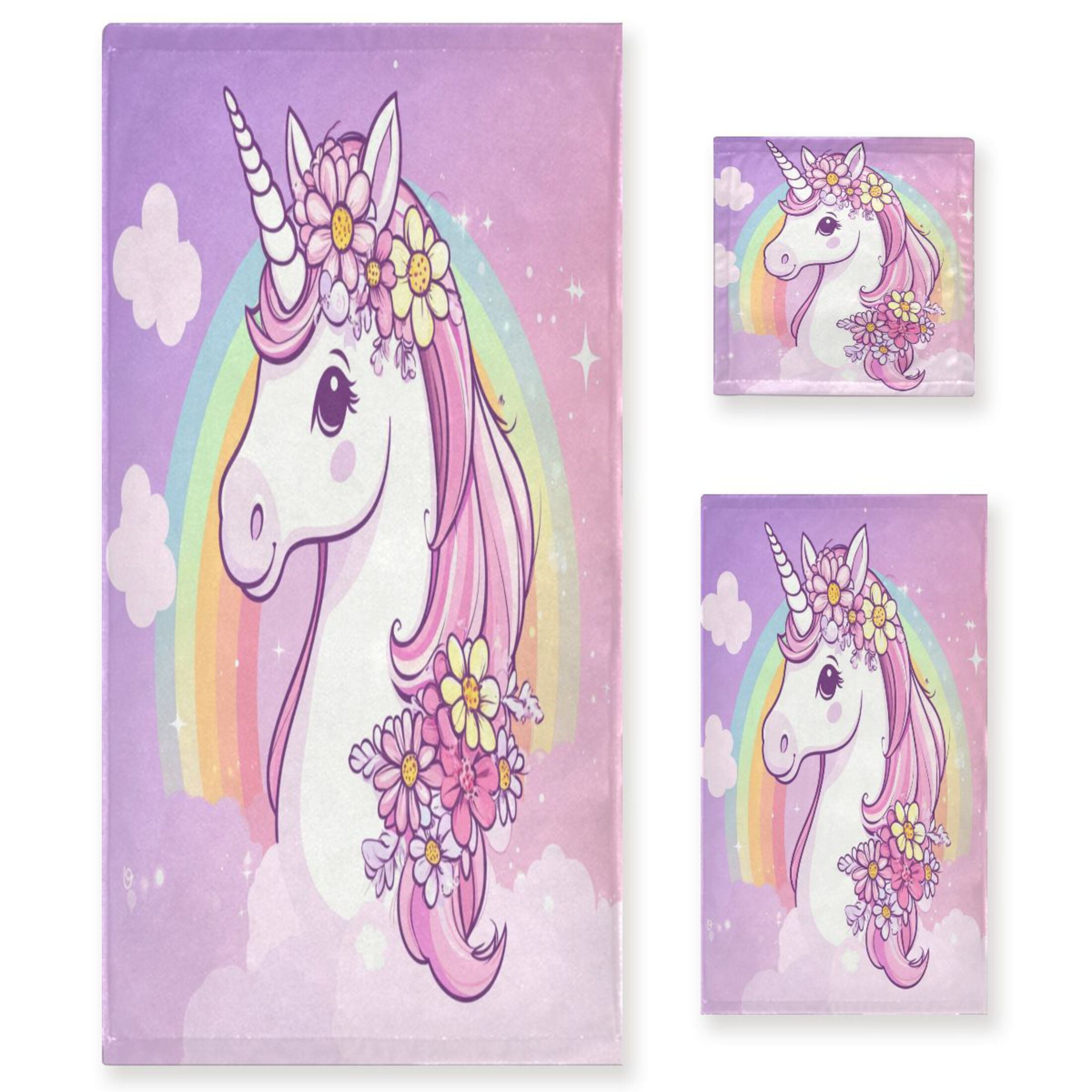 WOBOGO Rainbow Pony Ultra Soft 3 Pack Cotton Towel Set Includes 60 x 30in Bath Towel 28 x 16in Face Towel and 13 x 13in Small Square Towel for Everyday Use Lightweight and Compact