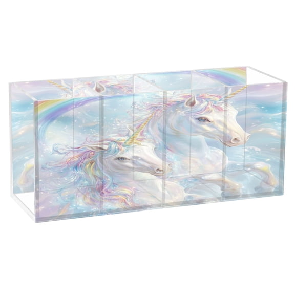 WOBOGO Rainbow Unicorns Acrylic Pen Holder 4 Compartments Clear Pencil Organizer Makeup Brush Storage Case