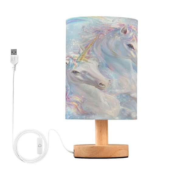 WOBOGO Rainbow Unicorns Bedroom Table Lamp USB Power Connector Wooden Base Round Linen Shade For Living Room Desk