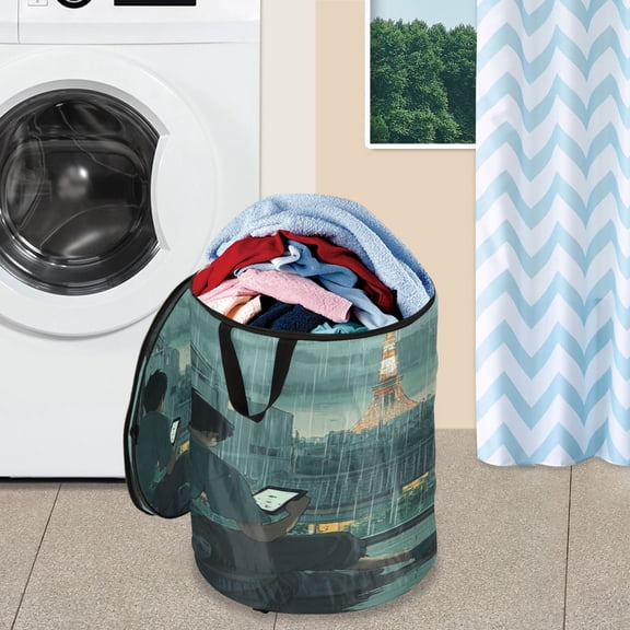WOBOGO Rainy Scene Outside The Window Foldable Laundry Baskets with Carry Handle Zipper Closure Travel Bathroom College Dorm Essentials