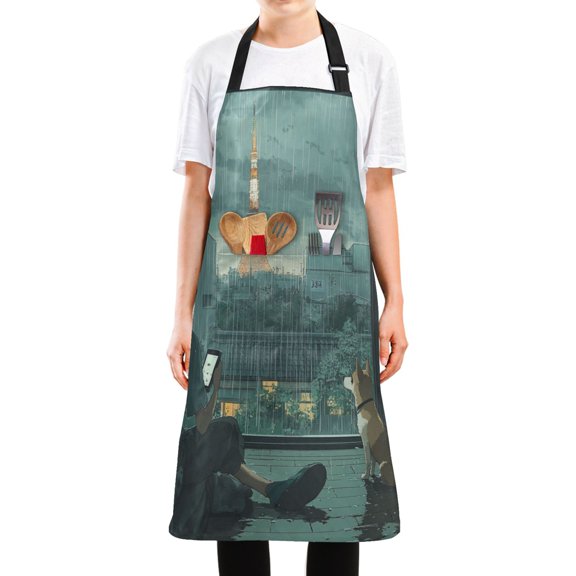 WOBOGO Rainy Scene Outside The Window Long Apron Waterdrop Resistant with 2 Pockets Cooking Kitchen Chef Apron for Women Men