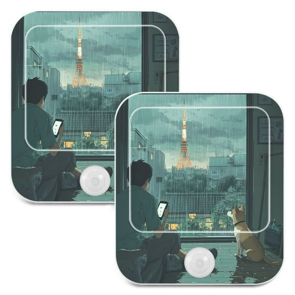 WOBOGO Rainy Scene Outside The Window Night Light Lamp with Smart Sensor Dusk to Dawn Sensor 0.6W Plug-in 2-Pack