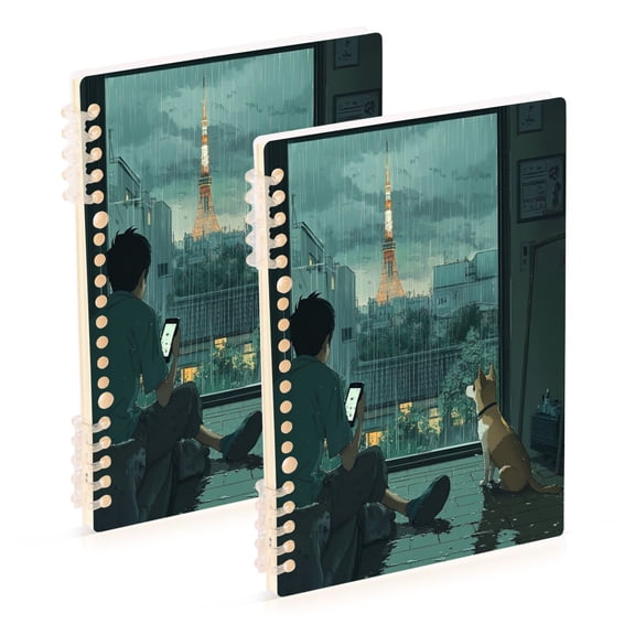 WOBOGO Rainy Scene Outside The Window Notebook College Horizontal Grid Paper Ink Spill Resistant Water Resistant Cover 8.3x5.7x0.4in