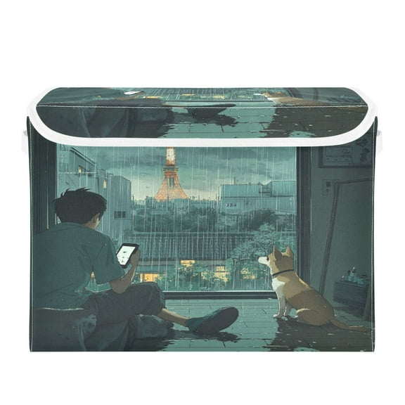 WOBOGO Rainy Scene Outside The Window Large Collapsible Storage Box Flip Lid Fabric Decorative Organizer Container Basket with Handles 16.512.611.8in