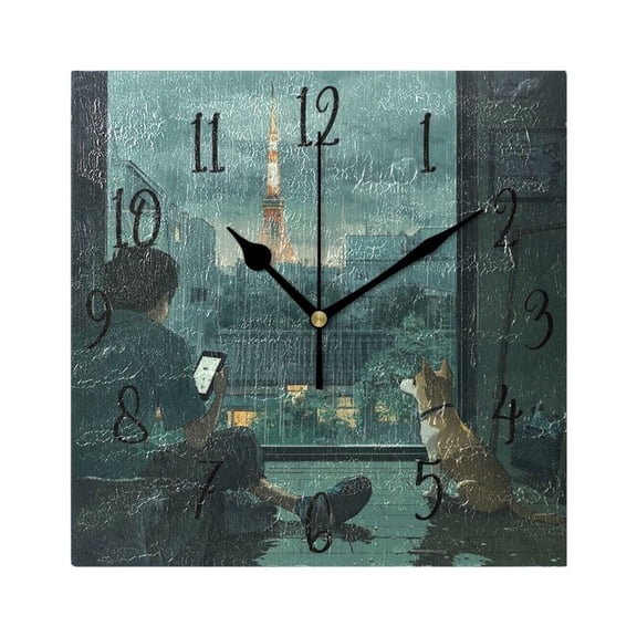 WOBOGO Rainy Scene Outside The Window Wall Clock 7.78 Inch Battery Operated Silent Unit Square Rustic Vintage Style for Home Bedroom Office Black Pointer