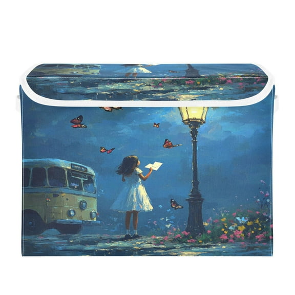 WOBOGO Reading under The Streetlight Large Collapsible Storage Box Flip Lid Fabric Decorative Organizer Container Basket with Handles 16.512.611.8in