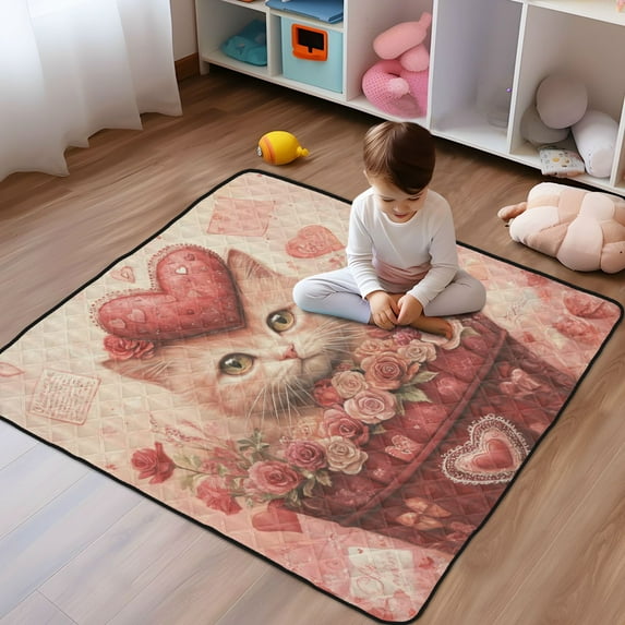 WOBOGO Red Basket Cat Baby Playmats Extra Large Waterproof Rollable Activity Pads for Toddlers 50×50inch