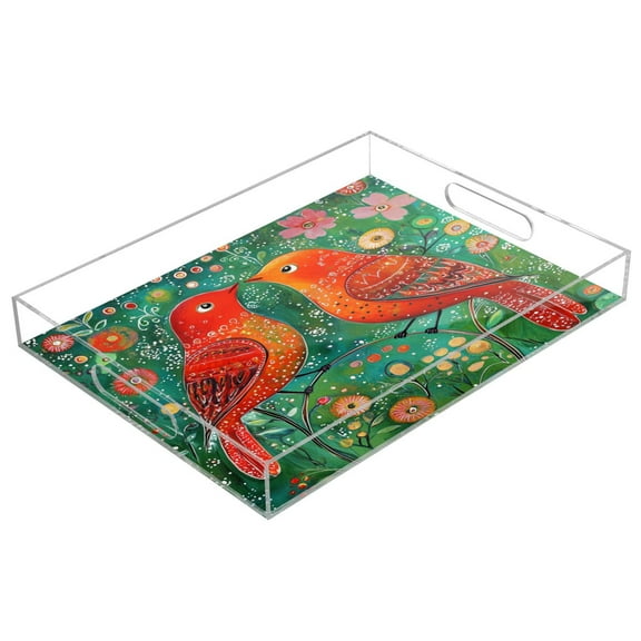 WOBOGO Red Bird Acrylic Serving Trays 15.7x11.8 Inch Spill Proof Clear Decorative Organizer with Handle