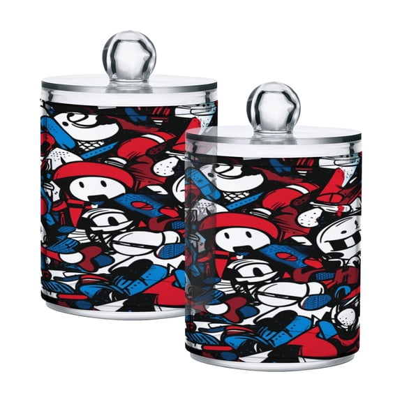 WOBOGO Red Blue Graffiti Pattern Transparent Plastic Jar 2pcs Cotton Swabs Balls Pads Floss Stick Dispenser Bathroom Vanity Storage Organizer
