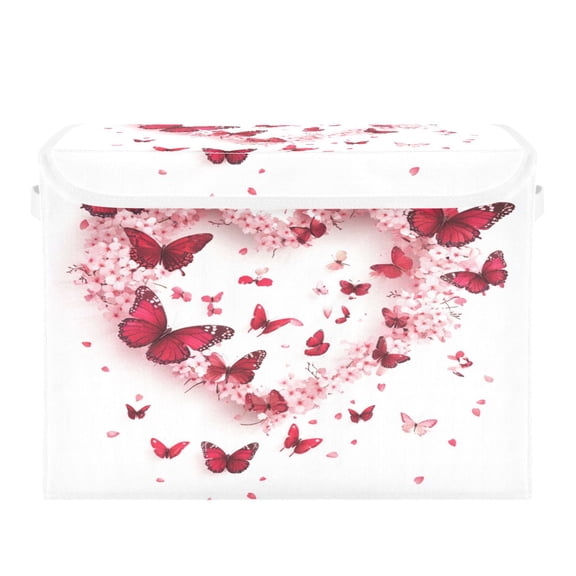 WOBOGO Red Butterfly Pink Floral Large Collapsible Storage Box Flip Lid Fabric Decorative Organizer Container Basket with Handles 16.512.611.8in
