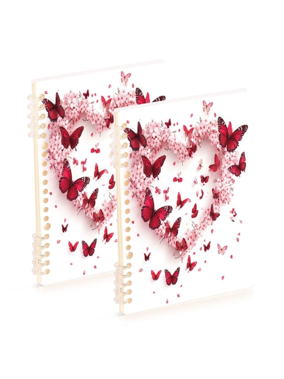 WOBOGO Red Butterfly Pink Floral Notebook College Horizontal Grid Paper Ink Spill Resistant Water Resistant Cover 8.3x5.7x0.4in