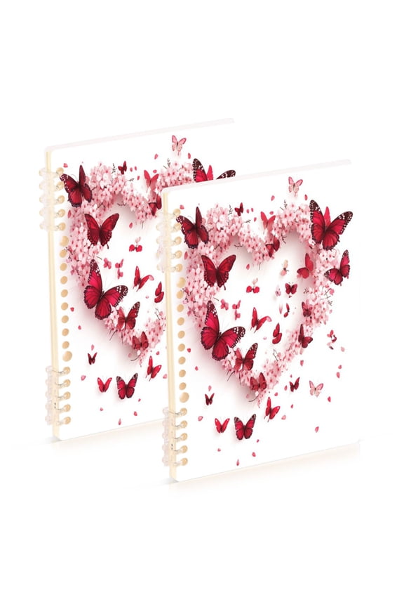 WOBOGO Red Butterfly Pink Floral Notebook College Horizontal Grid Paper Ink Spill Resistant Water Resistant Cover 8.3x5.7x0.4in