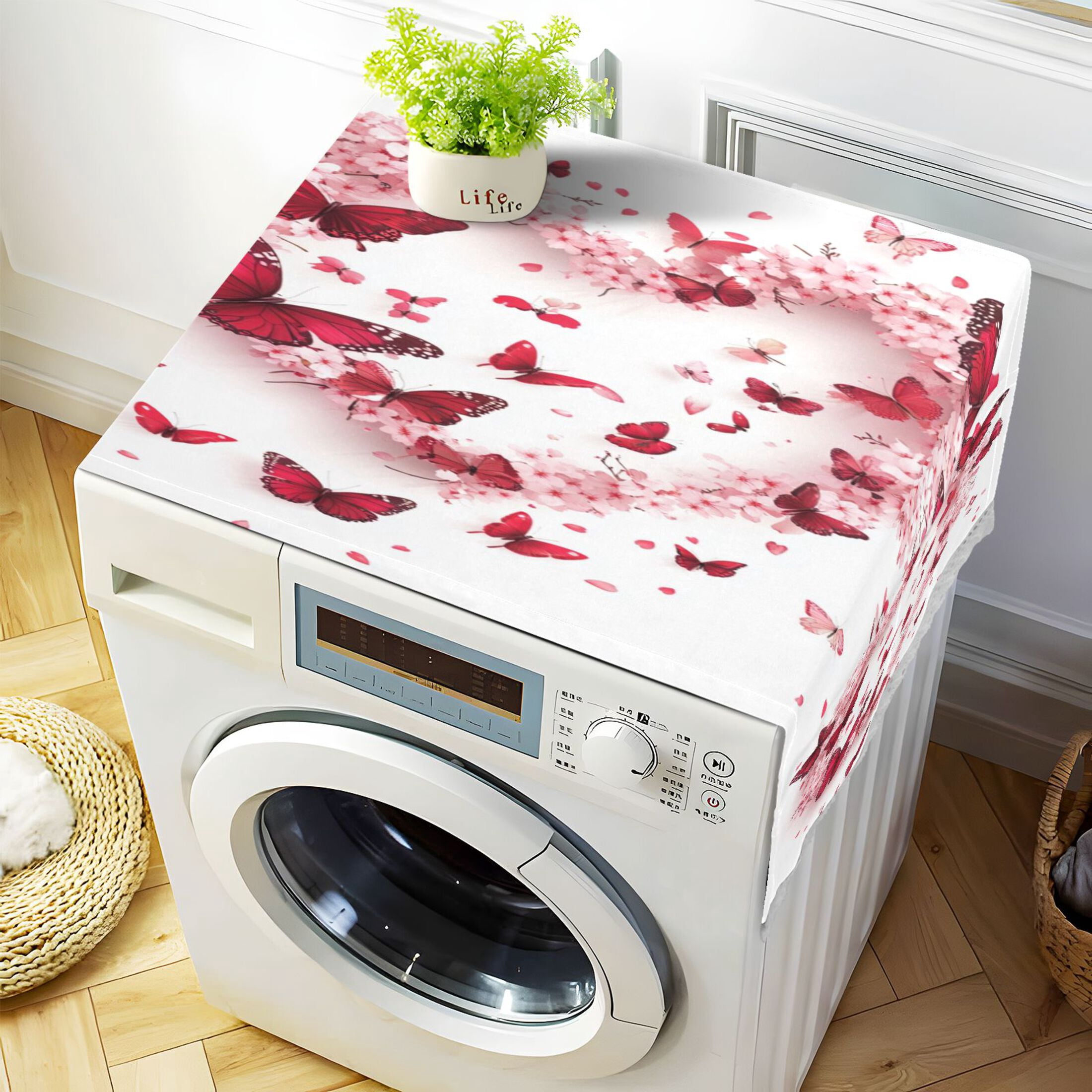 WOBOGO Red Butterfly Pink Floral Washing Machine Cloth Dryer Refrigerator Top Cover Protective Non-Slip Mat For Kitchen Laundry
