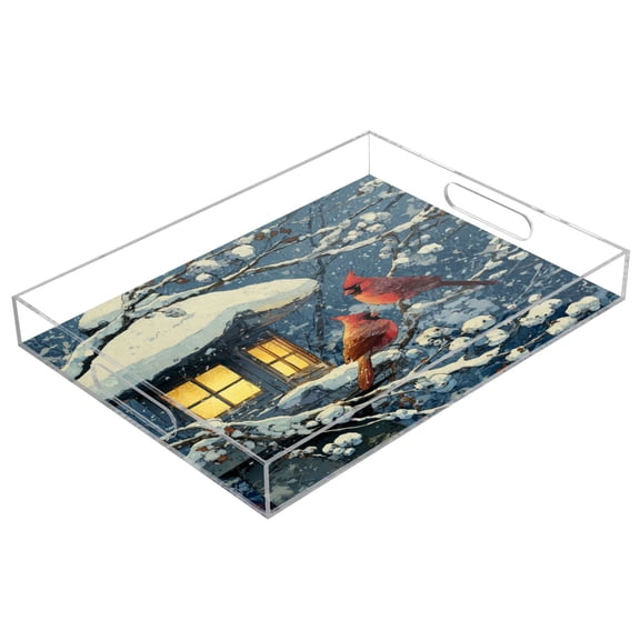 WOBOGO Red Cardinals Acrylic Serving Trays 15.7x11.8 Inch Spill Proof Clear Decorative Organizer with Handle
