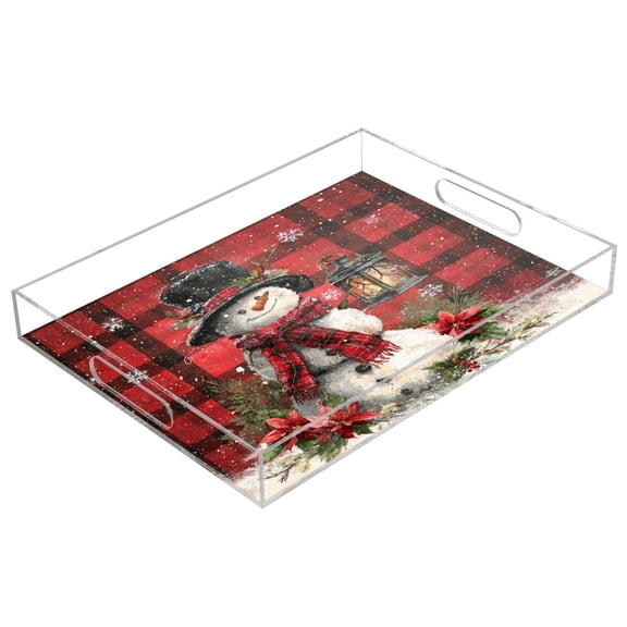 WOBOGO Red Checkered Snowman Acrylic Serving Trays 15.7x11.8 Inch Spill Proof Clear Decorative Organizer with Handle