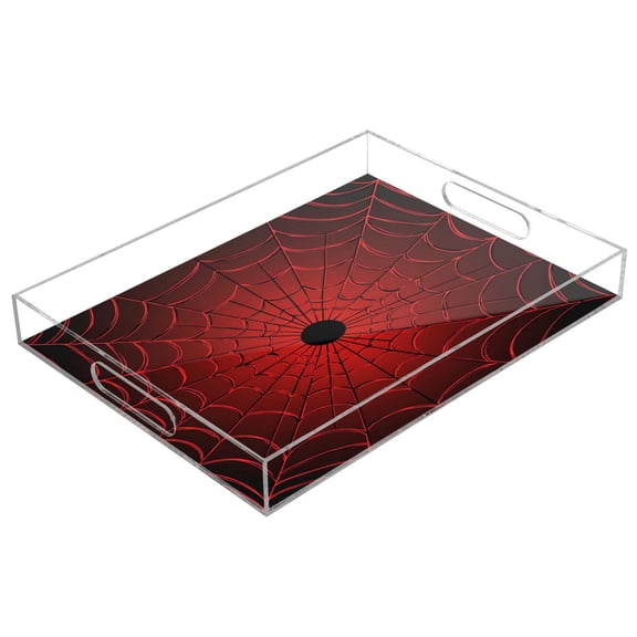 WOBOGO Red Cobweb Acrylic Serving Trays 15.7x11.8 Inch Spill Proof Clear Decorative Organizer with Handle
