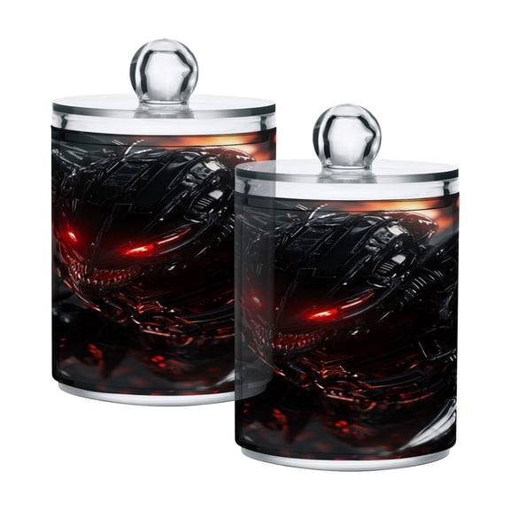 WOBOGO Red Eyes Robot Transparent Plastic Jar 2pcs Cotton Swabs Balls Pads Floss Stick Dispenser Bathroom Vanity Storage Organizer