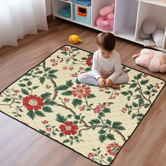 WOBOGO Red Flowers and Green Leaves Pattern Baby Playmats Extra Large Waterproof Rollable Activity Pads for Toddlers 5050inch