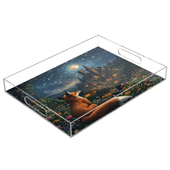 WOBOGO Red Fox Journey Acrylic Serving Trays 15.7x11.8 Inch Spill Proof Clear Decorative Organizer with Handle