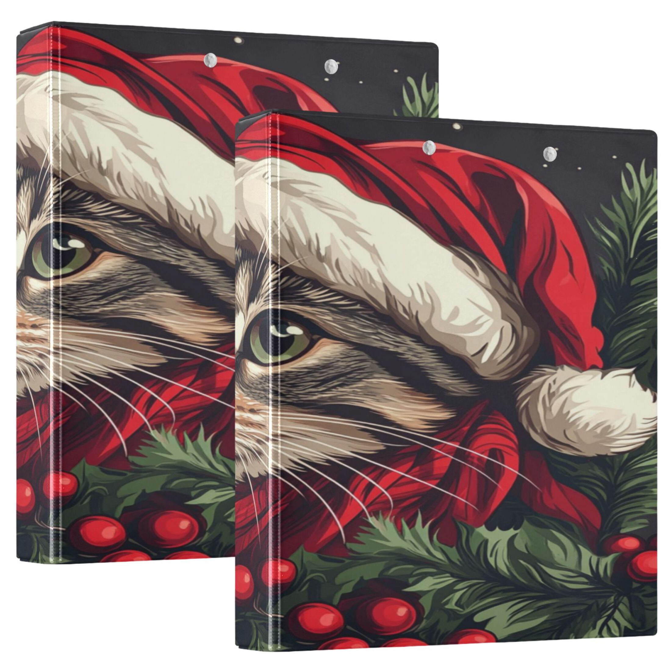 WOBOGO Red Hat Christmas Cat File Folders Extra Large Capacity to Hold 200 Sheets of Documents Hard Shell Ring Binder for School Home Office