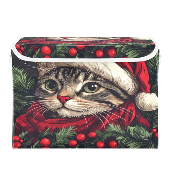 WOBOGO Red Hat Christmas Cat Large Collapsible Storage Box Flip Lid Fabric Decorative Organizer Container Basket with Handles 16.512.611.8in