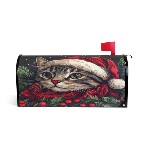 WOBOGO Red Hat Christmas Cat Mailbox Cover Magnetic for Garden Yard Home Decor Standard Size 20.7×18.03in
