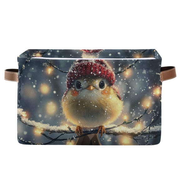 WOBOGO Red Hat Little Bird Square Storage Basket with Waterproof Canvas and PE Lining Durable PU Leather Handles 14.2×10.2×8.3in
