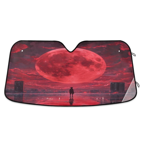 WOBOGO Red Moon Car Windshield Sunshades Autopilot Lightweight Accordion Sun Visor 55×27.6in