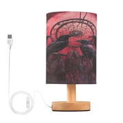 WOBOGO Red Moon Crow Bedroom Table Lamp USB Power Connector Wooden Base Round Linen Shade For Living Room Desk
