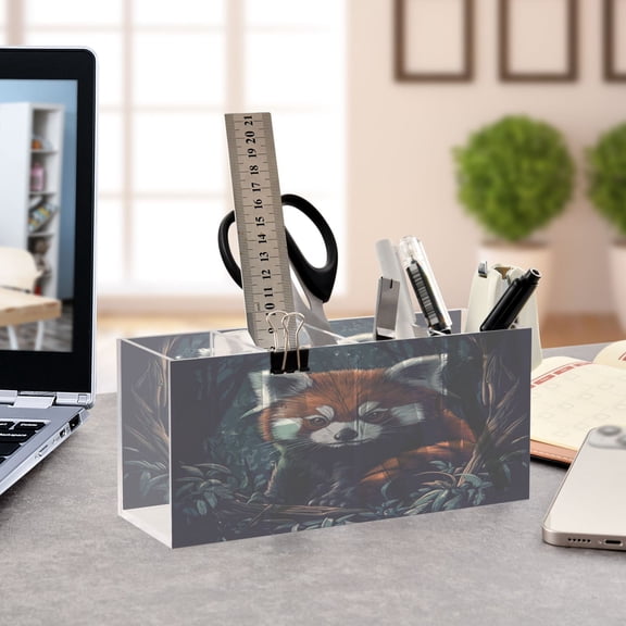 WOBOGO Red Panda in The Night Acrylic Pen Holder 4 Compartments Clear Pencil Organizer Makeup Brush Storage Case