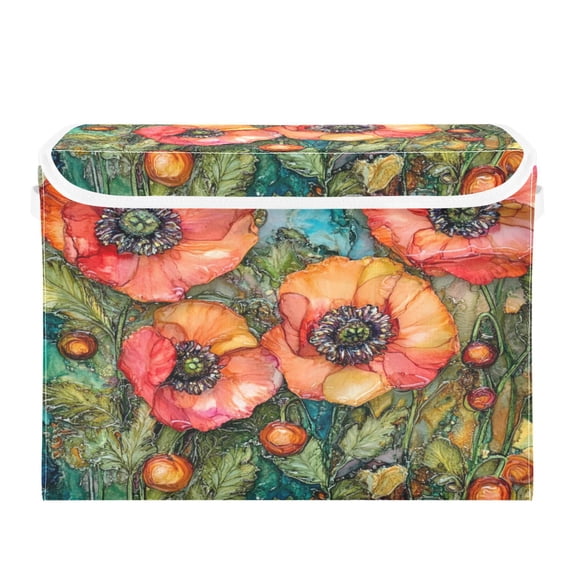WOBOGO Red Poppies Large Collapsible Storage Box Flip Lid Fabric Decorative Organizer Container Basket with Handles 16.512.611.8in