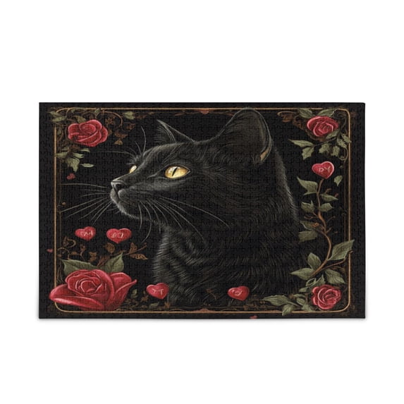 WOBOGO Red Rose Black Cat Pattern Jigsaw Puzzle Challenge 500 Piece Jigsaw Suitable for Game Night Finished Size 20.5 x 14.9in