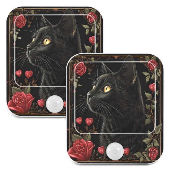 WOBOGO Red Rose Black Cat Pattern Night Light Lamp with Smart Sensor Dusk to Dawn Sensor 0.6W Plug-in 2-Pack