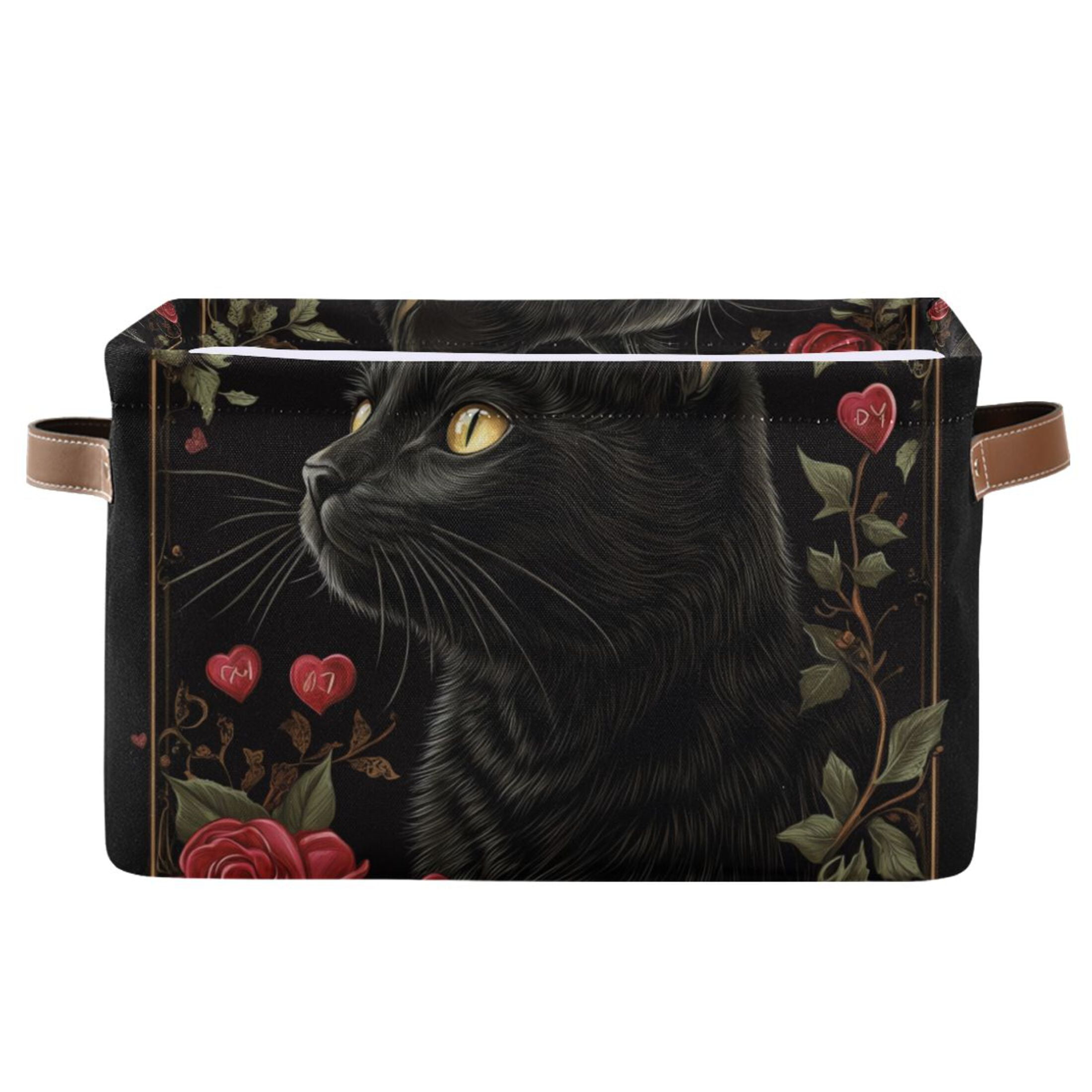 WOBOGO Red Rose Black Cat Pattern Square Storage Basket with Waterproof Canvas and PE Lining Durable PU Leather Handles 14.2×10.2×8.3in