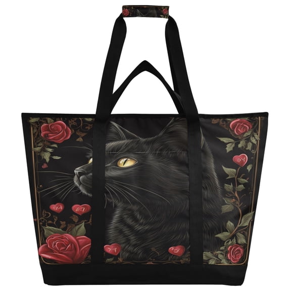 WOBOGO Red Rose Black Cat Pattern Tote Cooler Bag Fold Flat Insulated Shopping Bag With Zipper For Work Picnic Beach Use 186.724in