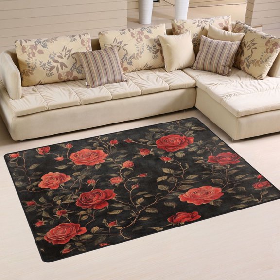 WOBOGO Red Rose Carpet Non-Slip Rugs Soft Doormat 60×39in Living Dining Room Bedroom Decorative