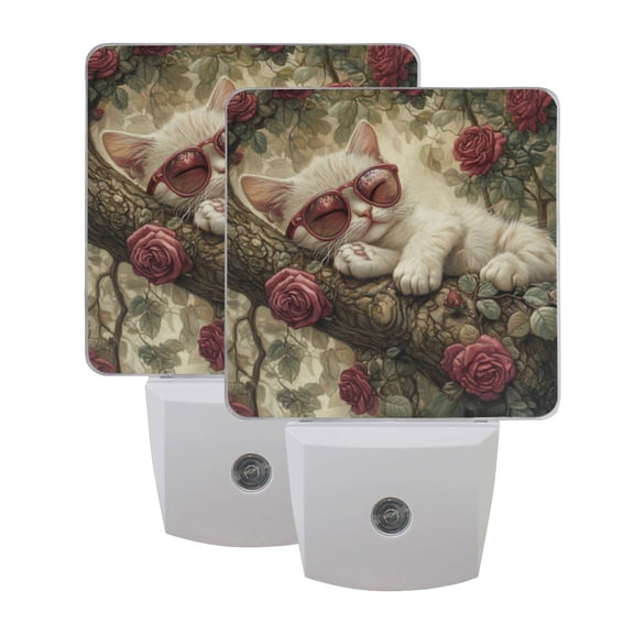 WOBOGO Red Rose Cat LED Night Light 2 Pcs Set 0.5 Watt Wall Plug in Dusk to Dawn Automatic Switch Soft White Light