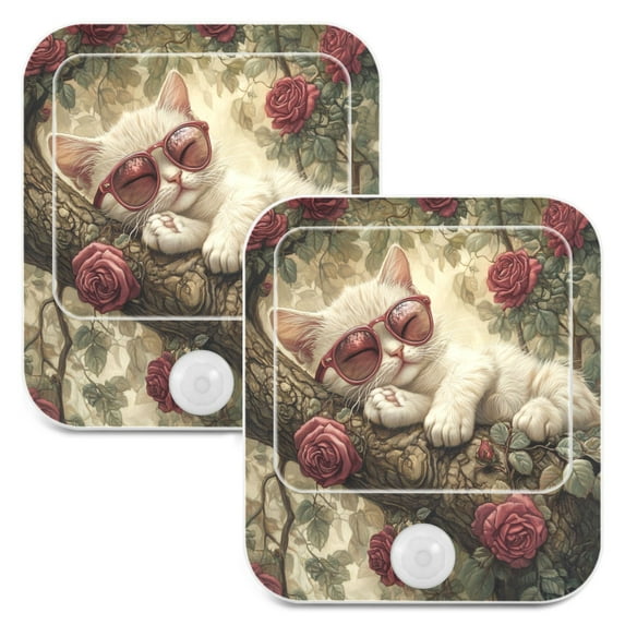 WOBOGO Red Rose Cat Night Light Lamp Set of 2 with Smart Sensor Dusk to Dawn Sensor 0.6W Plug-in