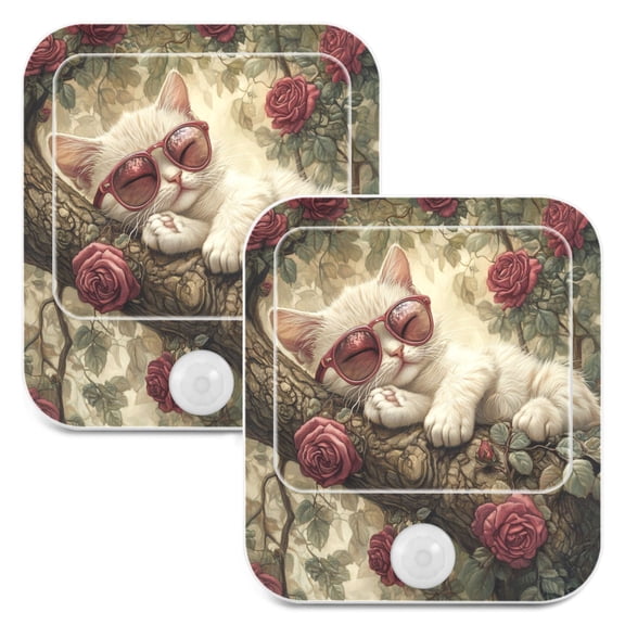 WOBOGO Red Rose Cat Night Light Lamp Set of 2 with Smart Sensor Dusk to Dawn Sensor 0.6W Plug-in