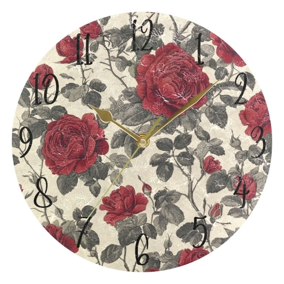 WOBOGO Red Rose Wall Clock 10in Silent Mechanism Battery Operated Retro Style for Living Room Bedroom and Kitchen Gold Pointer