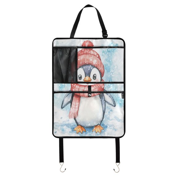 WOBOGO Red Scarf Penguin Pattern Backseat Car Organizer Footed Universal Car with Touch Screen Tablet Holder Rear Seat Protector