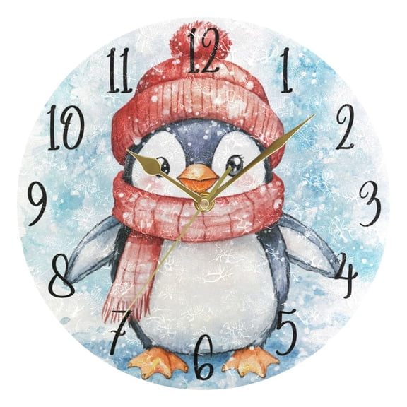 WOBOGO Red Scarf Penguin Pattern Wall Clock 10in Silent Mechanism Battery Operated Retro Style for Living Room Bedroom and Kitchen Gold Pointer